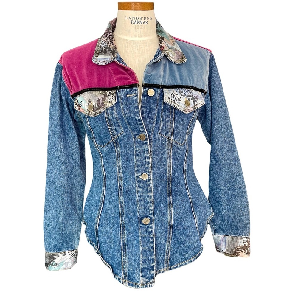 Breaker Denim Button Up Patchwork Jacket SzS Tape… - image 2